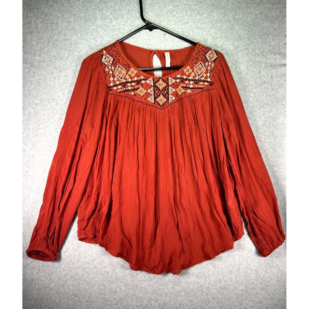 Xhilaration Blouse Top Women's Medium Burnt Orange Geometric Embroidered Chiffon